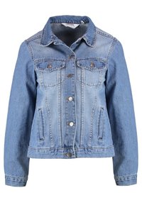 Blå jeansjacka med knäppning fram, två fickor på bröstet och sidofickor. Har klassisk krage och synliga sömdetaljer.