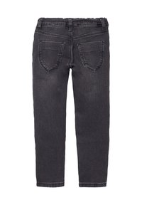 Zwarte denim jeans met een elastische tailleband, voorzien van twee achterzakken en een rechte pijpdesign, met zichtbare stikseldetails.