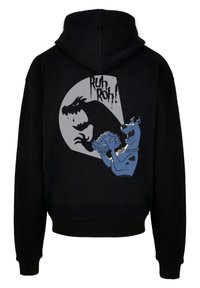 Felpa nera con cappuccio caratterizzata da un design cartoon di un cane blu che tiene un panino, con una grande ombra grigia di un mostro e la scritta "Ruh Roh!"