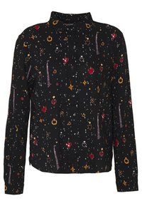Sort skjorte med lange ærmer, prydet med et multicolor smykkemønster, inklusive hjerter, ringe og stjerner. Blød tekstur.