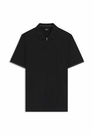 Polo noir à manches courtes avec col zippé et fin liseré blanc sur les bords des manches, marqué d'un petit logo BOSS à l'intérieur du col.