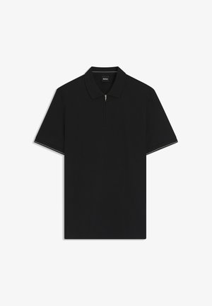 Polo noir à manches courtes avec col zippé et fin liseré blanc sur les bords des manches, marqué d'un petit logo BOSS à l'intérieur du col.