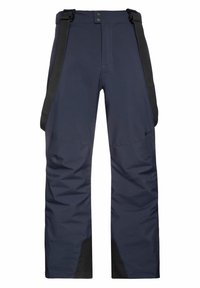 Pantalon imperméable bleu marine avec bretelles noires réglables et renforts noirs sur la partie intérieure des jambes basses.