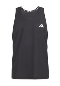 Canottiera da corsa nera senza maniche con logo bianco Adidas sulla parte superiore sinistra del petto e testo "RUNNING" all'interno del colletto.