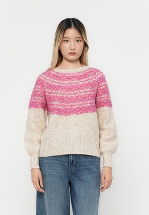 Pull en tricot avec un design en relief rose sur les épaules, corps crème, ourlet et poignets côtelés, coupe décontractée, tissu doux, encolure ronde.