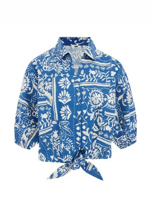 Kék és fehér virágmintás, rövid ujjú ing, megkötős derékrésszel, galléros nyakkal és gombos elejével.