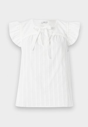 Biała bluzka z krótkimi, falbanistymi rękawami, zgromadzonym dekoltem i przodem z wiązaniem. Posiada pionowe paski i okrągły dekolt.