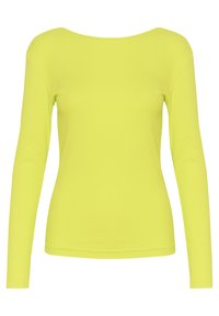 Dlouhý rukáv top v jasně žluté barvě, s širokým výstřihem. Vyrobeno z elastického materiálu s hladkou texturou a přiléhavým siluetou.