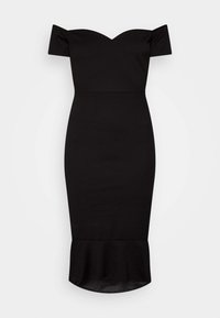 Vestido negro midi con escote en forma de corazón y mangas cortas descubiertas, que presenta una silueta ajustada y un dobladillo acampanado.