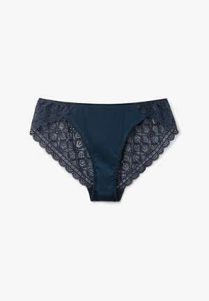 Námořnické modré kalhotky se saténovým předním dílem a květinovým krajkovým bočním dílem s vlnitým okrajem. Materiál je hladký s jemnými krajkovými detaily.