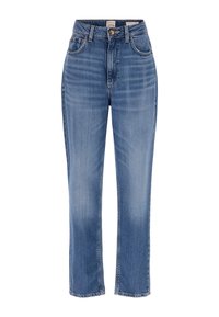 Jasnoniebieskie dżinsy z prostymi nogawkami, wysokim stanem, pięcioma kieszeniami i delikatnym przetarciem. Zawierają mosiężny guzik i detale przeszycia.