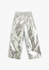 Sølvmetalliske bredbenede bukser med elastisk talje og sidelommer, der har en glat, blank tekstur og en afslappet pasform.