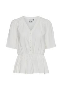 Blouse blanche avec un col en V, des manches courtes bouffantes et une taille froncée avec une fermeture à boutons sur le devant. Tissu lisse et léger.