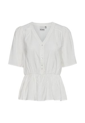 Witte blouse met een V-hals, korte pofmouwen en een bijeen geraapte taille met knoopsluiting aan de voorkant. Glad, lichtgewicht stof.