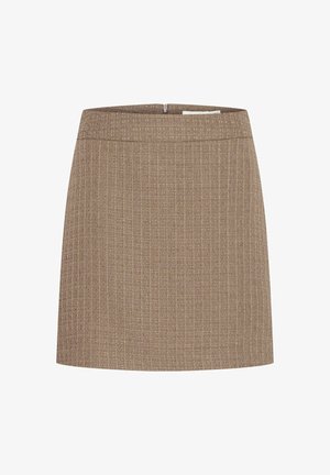Brown tweed mini skirt featuring a structured design, subtle vertical stripes, and a concealed side zip closure.