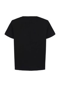 Maglietta nera a maniche corte, vista da dietro su uno sfondo bianco, con scollo tondo e orlo dritto.