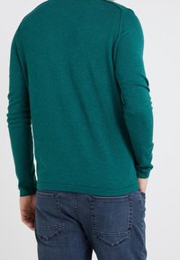 Långärmad, grön tröja gjord av mjukt material med rund halsringning. Tillsammans med blå denimjeans, sedd bakifrån och med armkontur.