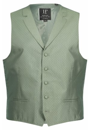 Zelená saténová vesta s vzory malých teček, jednobarevný design, pět knoflíků a klopový límec. Obsahuje zadní ventilační otvor a boční kapsu.
