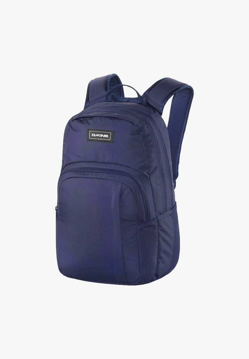 Navy blue backpack with padded straps, multiple zippered compartments, and a logo patch on the front. Made from durable fabric.