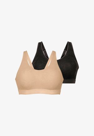 Deux soutiens-gorge sans coutures, un beige et un noir, chacun avec des bretelles larges et une texture subtile en dentelle florale sur les bonnets avant.