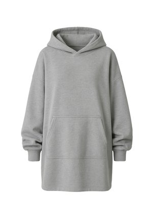 Šedá oversized mikina vyrobená z měkkého materiálu, která má klokanku, dlouhé rukávy a kapuci se šňůrkou. Hladký povrch po celém obvodu.
