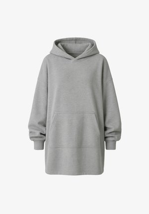 Grijze oversized hoodie van zachte stof, met een kangoeroe-pocket, lange mouwen en een capuchon met koord. Glad textuur overal.