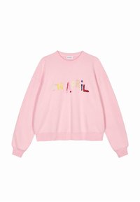 Rosa Sweatshirt mit Rundhalsausschnitt und langen Ärmeln. Mit buntem gesticktem Text "OH/APRIL" auf der Vorderseite. Hergestellt aus weichem Baumwollstoff.