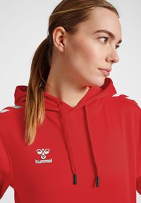 Rode capuchontrui gemaakt van gladde stof met een logo op de borst. Kenmerkend zijn de witte accenten op de schouders en de groene trekkoordpunten.