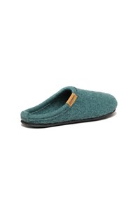 Teal wool slipper with a soft texture, rounded shape, and open back. Features a black rubber sole and a small tan label on the side.