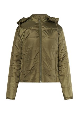 Chaqueta acolchada corta color verde oliva con cierre frontal, capucha y puños elásticos. Tejido liso y brillante con patrones de costura acolchada.