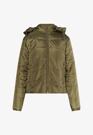 Chaqueta acolchada corta color verde oliva con cierre frontal, capucha y puños elásticos. Tejido liso y brillante con patrones de costura acolchada.