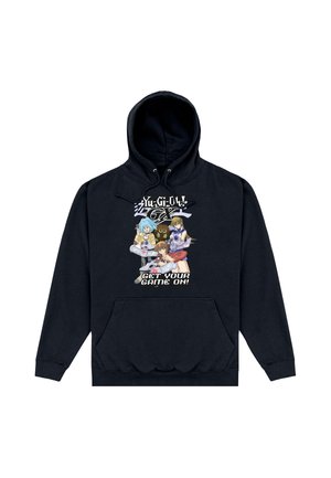 Sort hættetrøje med farverige Yu-Gi-Oh GX animefigurer og teksten "Get your game on" midt for.