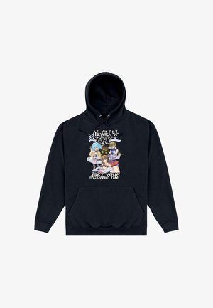 Sort hættetrøje med farverige Yu-Gi-Oh GX animefigurer og teksten "Get your game on" midt for.