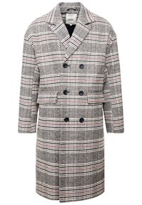 Double-breasted coat in gray houndstooth pattern with red and black accents. Features wide lapels, two front pockets, and dark buttons.