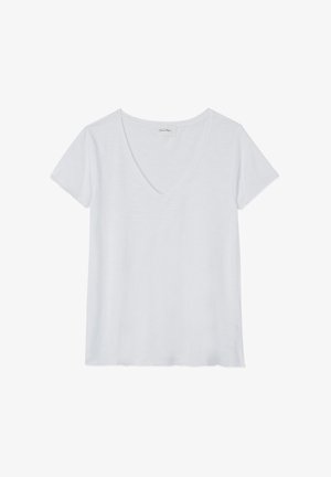 T-shirt bianco a V con maniche corte, realizzato in tessuto leggero, con una texture liscia e una vestibilità rilassata. Senza motivi o dettagli.
