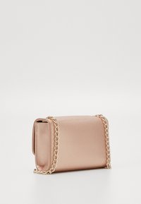 Rose gold textured clutch bag with a chain strap, rectangular shape, smooth surface, and no visible logos or patterns.