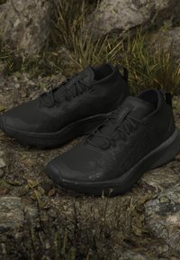Paire de chaussures de trail Gore-Tex noires avec lacets sur un sol rocheux avec de l'herbe sèche et de petites plantes autour.