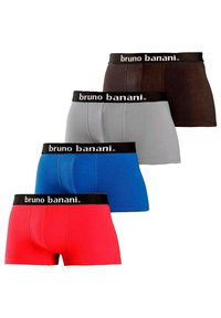 Conjunto de boxer de algodón en cuatro colores: negro, gris, azul y rojo. Cada uno presenta una cinturilla negra con el logo "bruno banani".