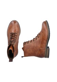 Braune Leder-Stiefeletten mit runder Spitze, Schnürung auf der Vorderseite und kontrastierenden Nähten. Minimalistisches Design mit einer robusten Gummisohle.