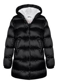 Chaqueta acolchada negra con capucha, que presenta un material exterior suave, puños acanalados, dos bolsillos frontales y un forro blanco suave.