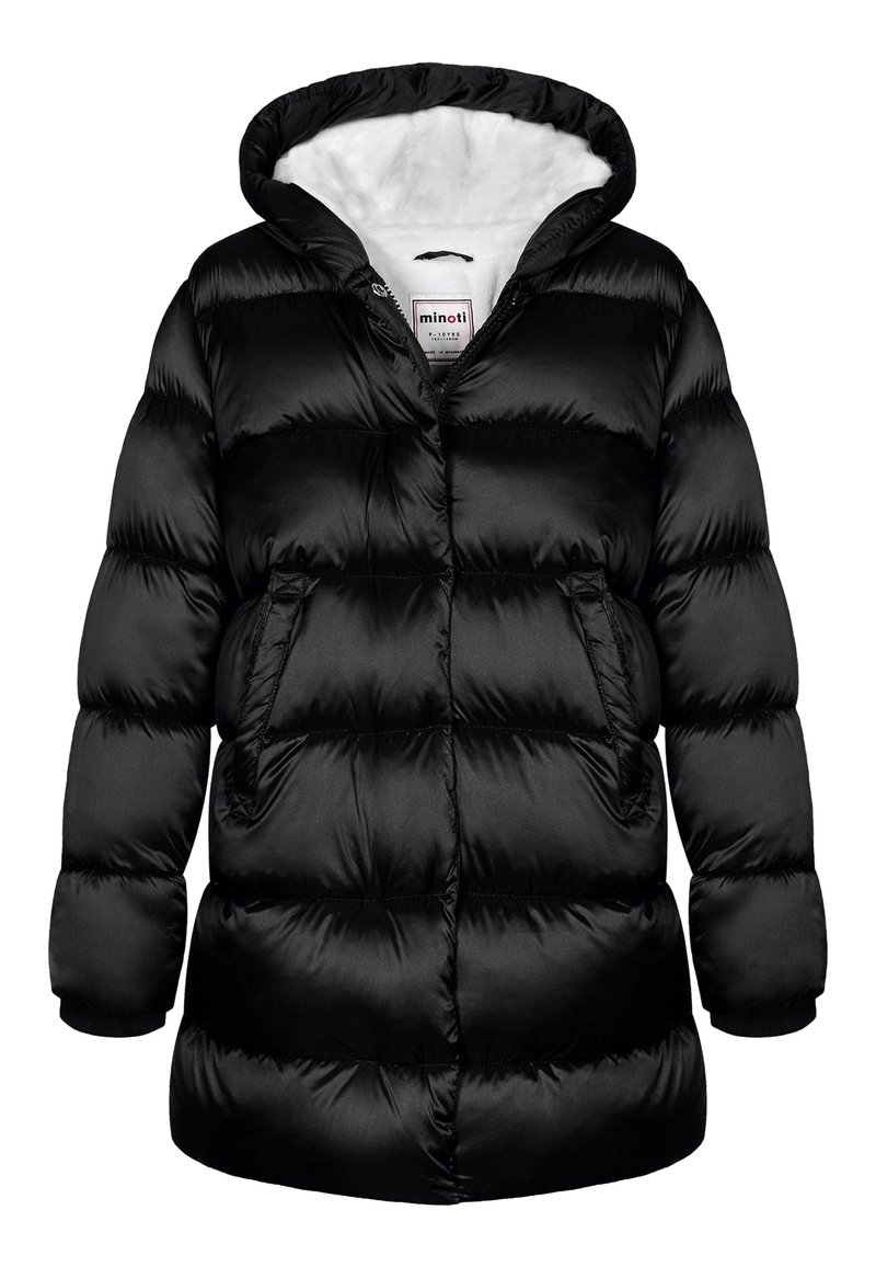 Chaqueta acolchada negra con capucha, que presenta un material exterior suave, puños acanalados, dos bolsillos frontales y un forro blanco suave.