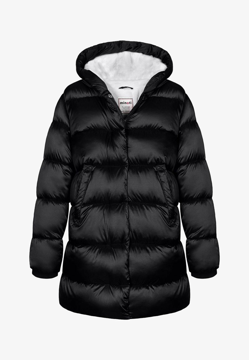 Giubbotto puffer nero con cappuccio, caratterizzato da un materiale esterno liscio, polsini a costine, due tasche frontali e un morbido rivestimento bianco.