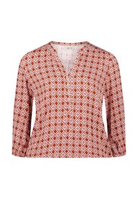 Blouse à manches longues et décolleté en V, en rose avec un motif géométrique rouge et doré. Tissu doux avec une coupe décontractée, présentant quatre boutons sur le devant.