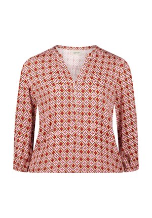 Blouse à manches longues et décolleté en V, en rose avec un motif géométrique rouge et doré. Tissu doux avec une coupe décontractée, présentant quatre boutons sur le devant.
