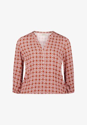 Langsleeve, V-hals blouse in roze met een geometrisch patroon in rood en goud. Zachte stof met een relaxte pasvorm, voorzien van vier knopen aan de voorkant.