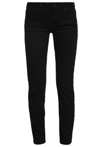 Mustat denimmalliset skinny-farkut, joissa on sileä pinta, viisipokkoinen malli ja tavallinen vyötärönauha. Ominaisuuksiin kuuluu minimalistinen ompelu ilman koristeita.