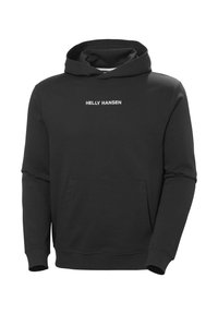 Black cotton hoodie with a front pocket, ribbed cuffs, and a drawstring hood. "Helly Hansen" logo in white centered on the chest.