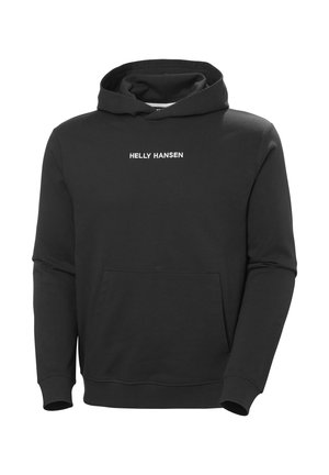 Zwarte katoenen hoodie met een voorzak, ribgebreide manchetten en een capuchon met trekkoord. 'Helly Hansen' logo in het wit gecentreerd op de borst.