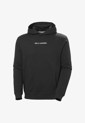 Schwarzer Baumwoll-Hoodie mit einer Fronttasche, gerippten Bündchen und einer Kordelzugkapuze. "Helly Hansen"-Logo in Weiß, mittig auf der Brust.