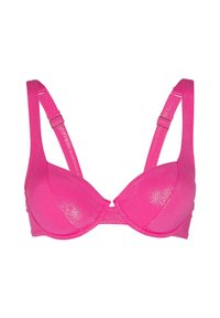 Reggiseno fucsia con una texture lucida, coppe con ferretto e spalline regolabili. Presenta un connettore centrale e bordi lisci e arrotondati.